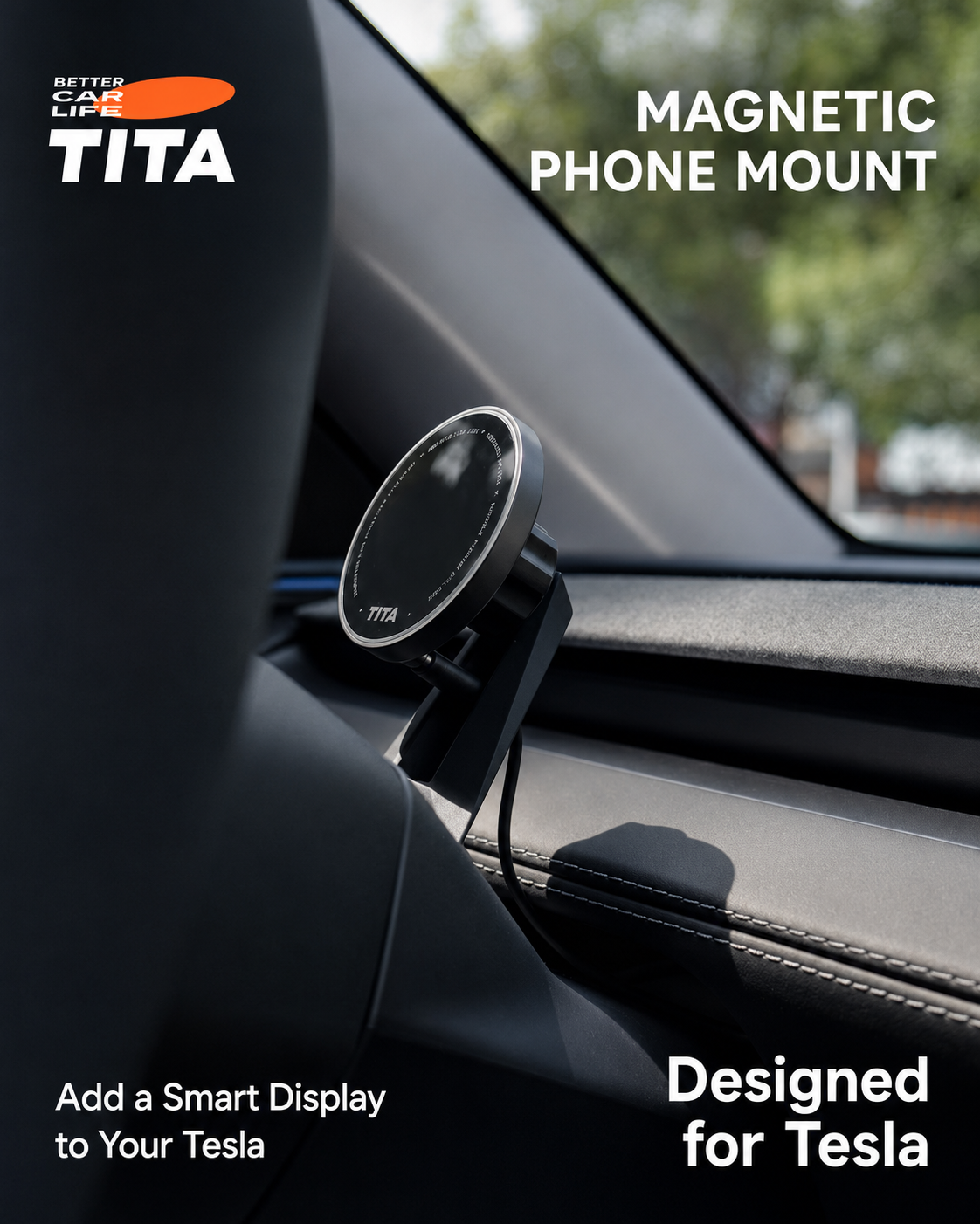 Tesla Steering Wheel Magnetic Phone Mount Wireless Charger, Qi 15W Fast Charging Car Phone Holder with 12 N52 Neodymium Magnets, Heat-Resistant ABS Body, Acrylic Panel, 360° Rotation, 165cm USB-C Cable, No-Trace 3M Adhesive Mount, Auto-Off Breathing Ambie