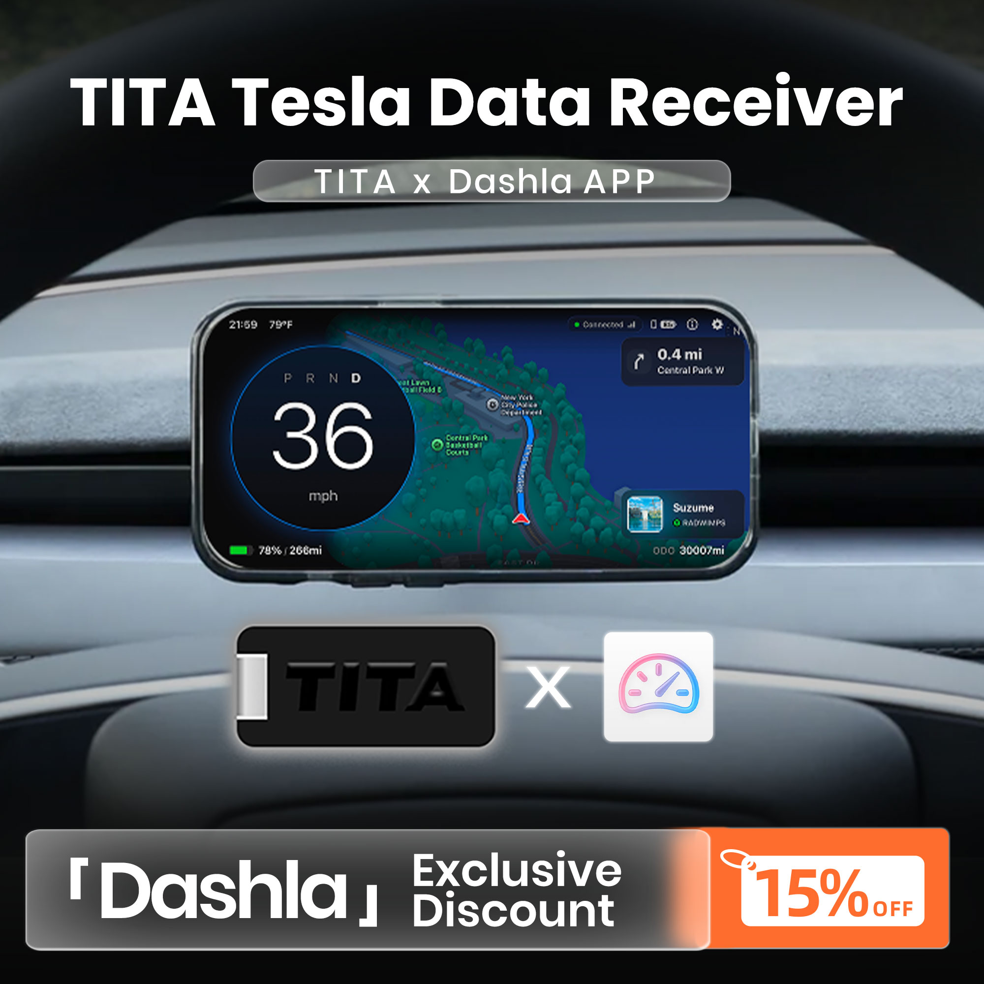 TITA Tesla Data Receiver for Dashla App – Ultra-Low Latency Vehicle Signal Transmission, Real-Time Speed, Navigation, Traffic Light & Vehicle Status Data, One-Way Data Transmission