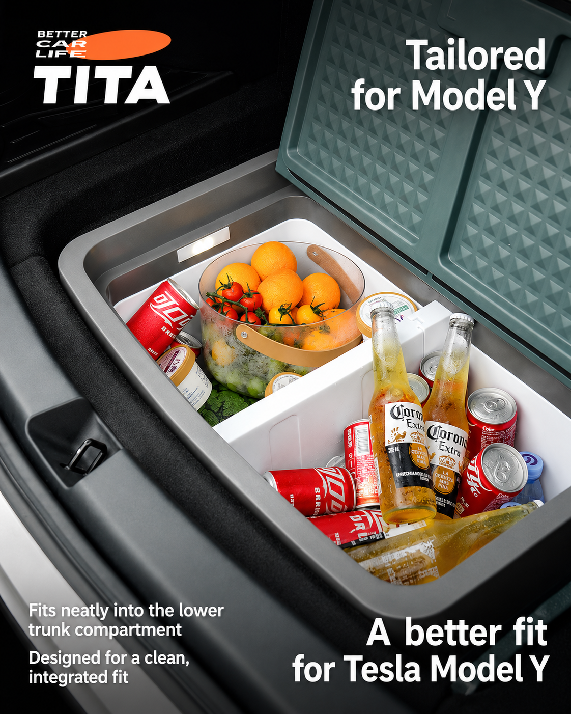 Tesla Model Y 40L Car Refrigerator, Custom-Fit Dual-Zone Portable Fridge Freezer with Powerful Cooling, 5-Level Battery Protection, Large Capacity Electric Cooler, Model Y Trunk Camping Travel Refrigerator