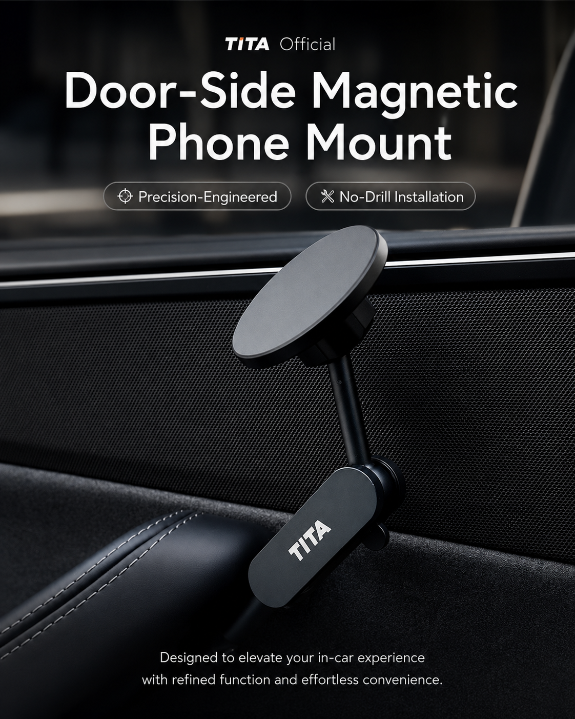 Tesla Door-Side Magnetic Phone Mount, Custom-Fit Car Phone Holder for Tesla Model 3/Y, MagSafe Compatible iPhone Magnetic Holder, No-Block View & Air Vent Design, Minimalist Matte Interior Accessory