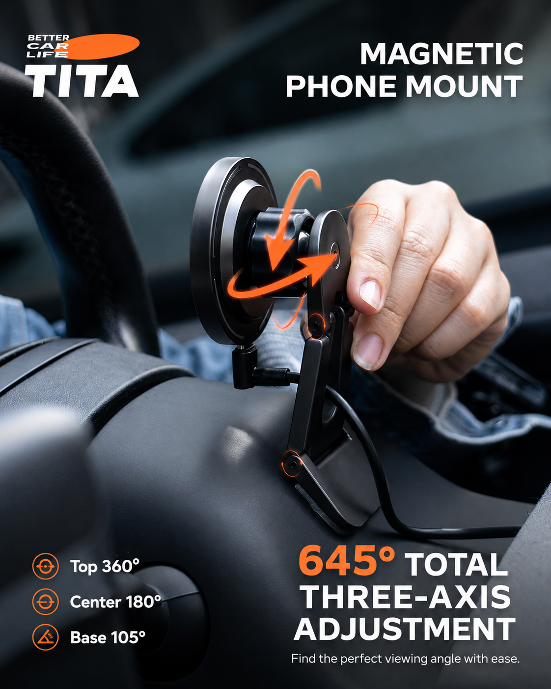 3-Axis Adjustable Tesla Magnetic Phone Mount Wireless Charger, Qi 15W Fast Charging Car Phone Holder with 12 N52 Neodymium Magnets, Full Aluminum Alloy Body, Acrylic Panel, Multi-Angle Steering Wheel Fit, 165cm USB-C Cable, No-Trace 3M Adhesive Mount, Aut