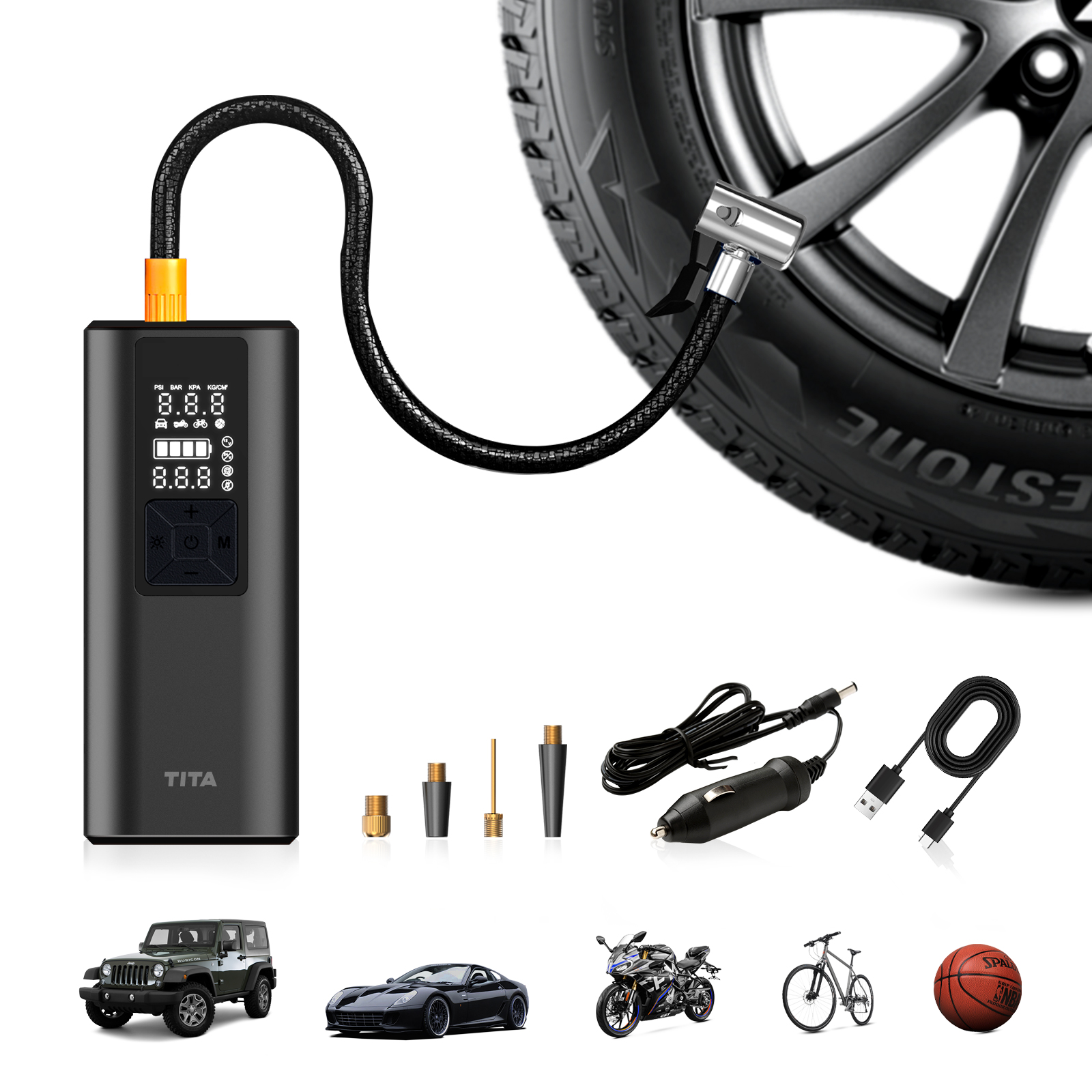 TITA Tire Inflator Portable Air Compressor - 2X Faster 150 PSI Air Pump for Car Tires - Wireless Car Tire Inflator with Pressure Gauge - Portable Tire Inflator for Car, Motor, Bike And Balls