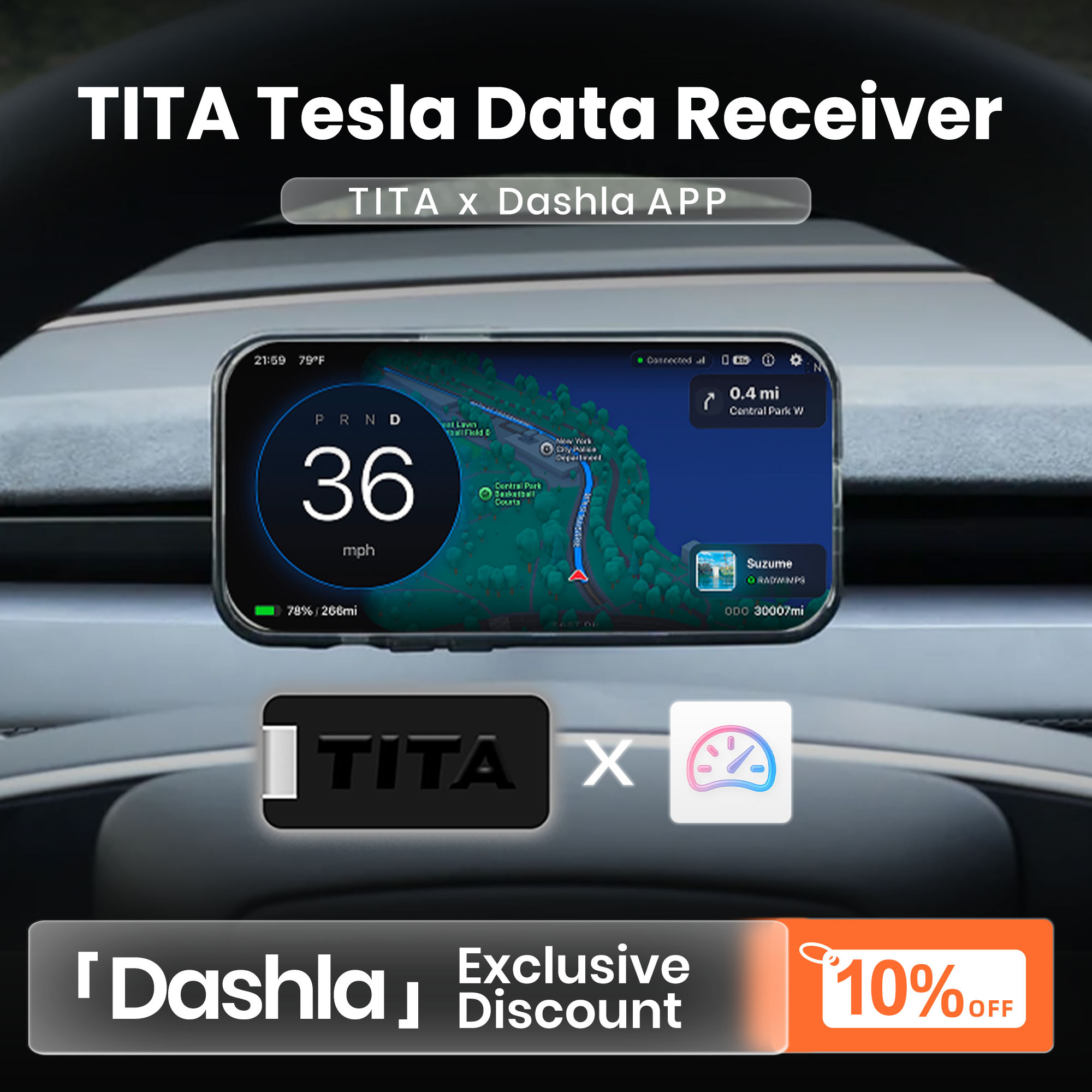 TITA Tesla Data Receiver for Dashla App – Ultra-Low Latency Vehicle Signal Transmission, Real-Time Speed, Navigation, Traffic Light & Vehicle Status Data, One-Way Data Transmission