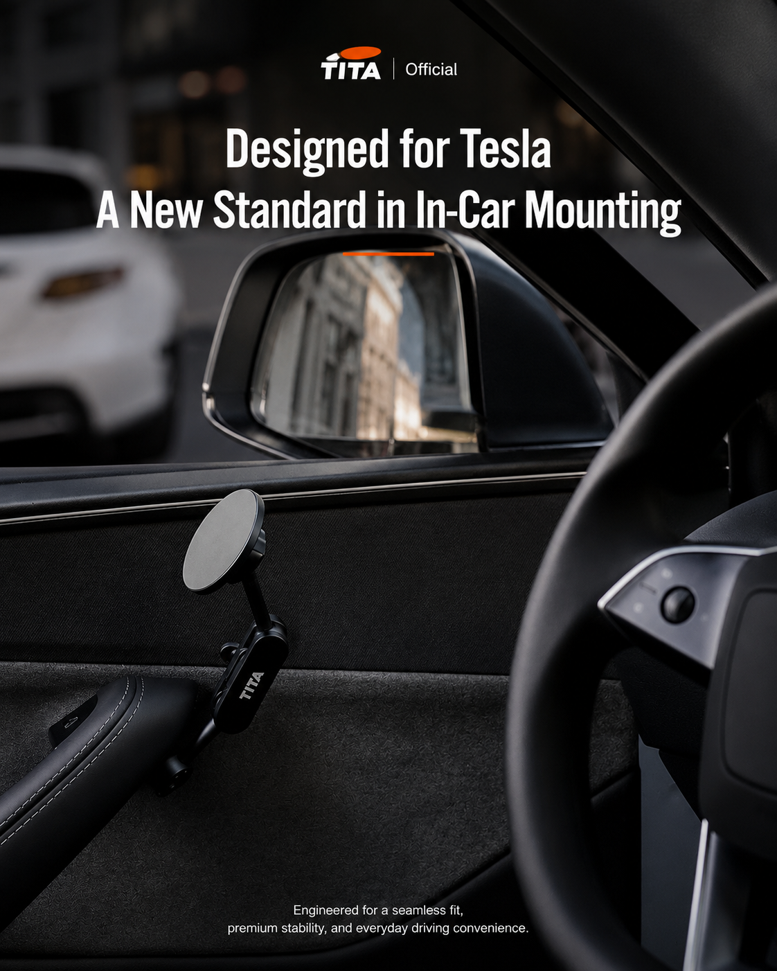 Tesla Door-Side Magnetic Phone Mount, Custom-Fit Car Phone Holder for Tesla Model 3/Y, MagSafe Compatible iPhone Magnetic Holder, No-Block View & Air Vent Design, Minimalist Matte Interior Accessory