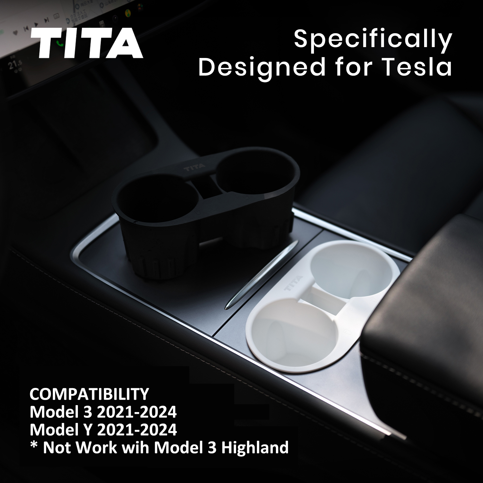 TITA Cup Holder Insert for Tesla Model 3 & Y (2021-2024) with Key Card Design, Easy to Install, Easy to Clean, Perfect Fit, Cup Securely Relies, Not Fit for 2024-2025 Model 3 Highland & 2025 New Model Y