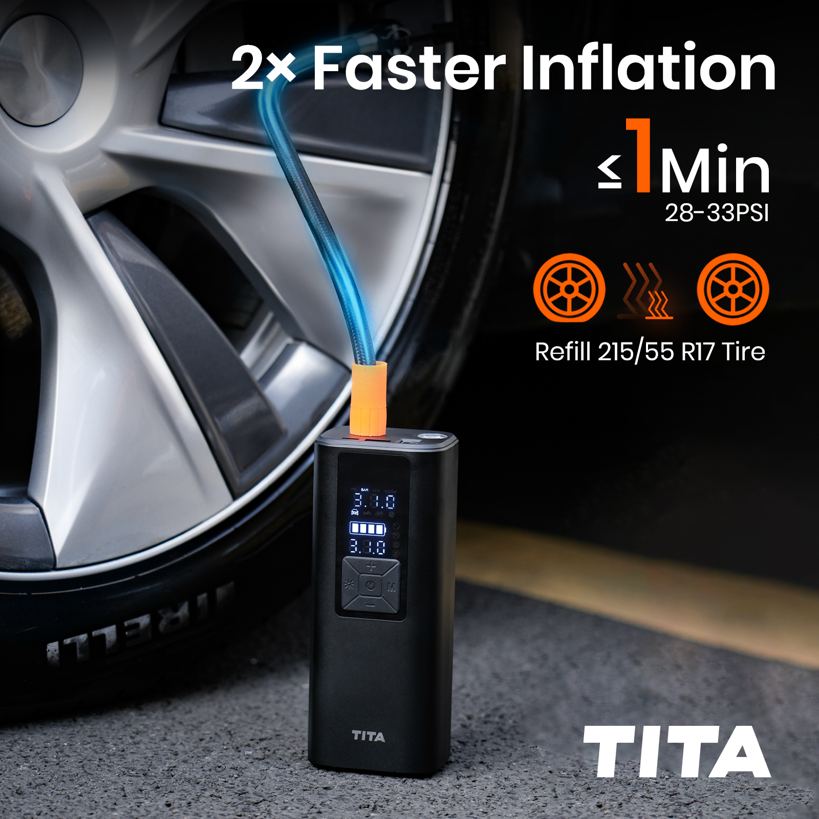 TITA Tire Inflator Portable Air Compressor - 2X Faster 150 PSI Air Pump for Car Tires - Wireless Car Tire Inflator with Pressure Gauge - Portable Tire Inflator for Car, Motor, Bike And Balls