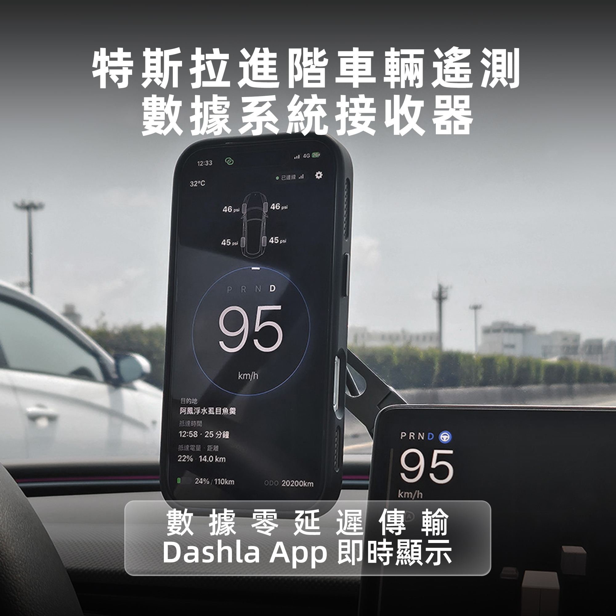 TITA 特斯拉數據接收器（適用於 Dashla App）– 超低延遲車輛訊號傳輸，即時顯示車速、導航、紅綠燈與車輛狀態資訊，安全單向數據傳輸