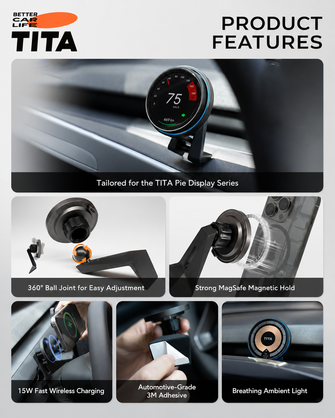Tesla Steering Wheel Magnetic Phone Mount Wireless Charger, Qi 15W Fast Charging Car Phone Holder with 12 N52 Neodymium Magnets, Heat-Resistant ABS Body, Acrylic Panel, 360° Rotation, 165cm USB-C Cable, No-Trace 3M Adhesive Mount, Auto-Off Breathing Ambie