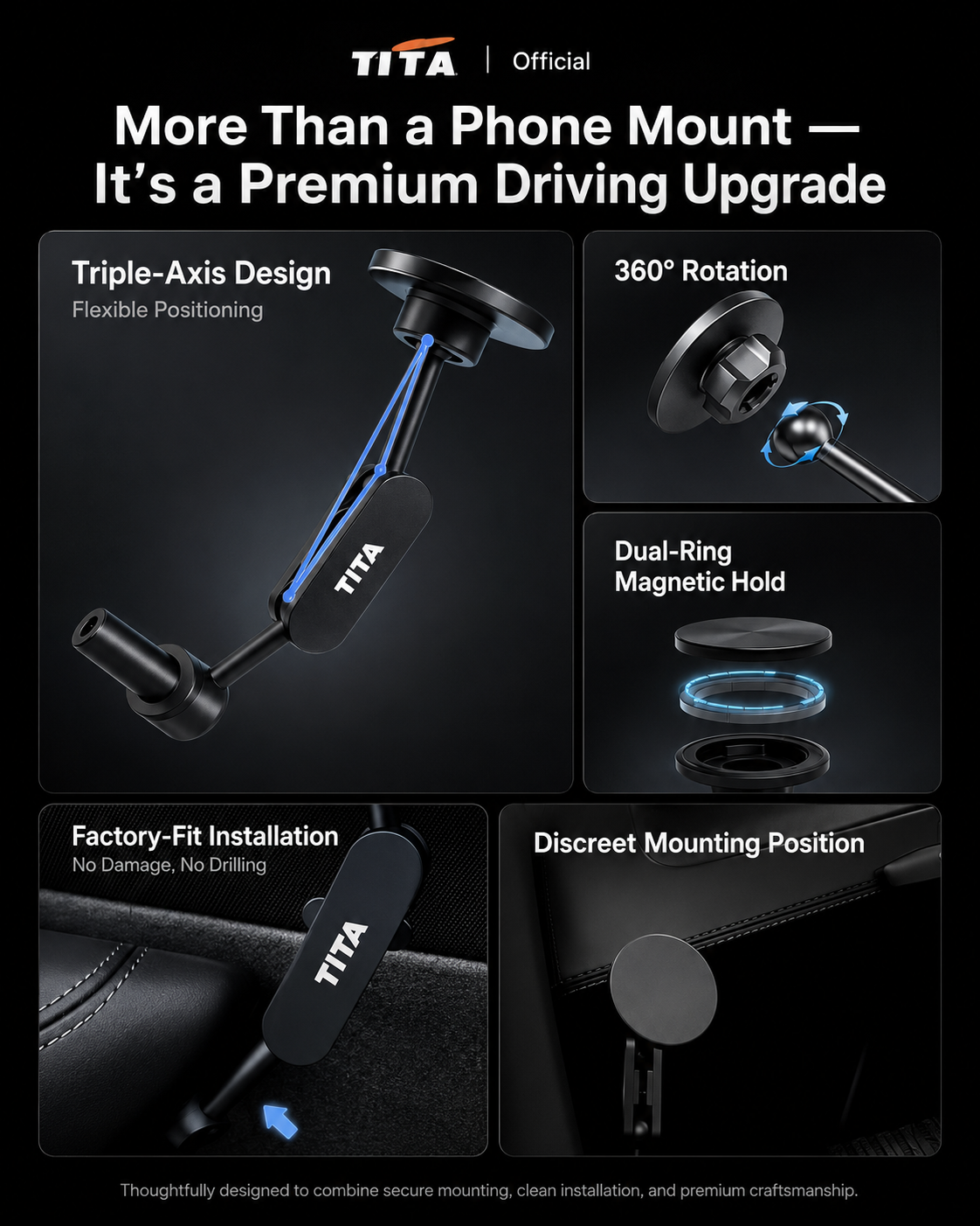 Tesla Door-Side Magnetic Phone Mount, Custom-Fit Car Phone Holder for Tesla Model 3/Y, MagSafe Compatible iPhone Magnetic Holder, No-Block View & Air Vent Design, Minimalist Matte Interior Accessory