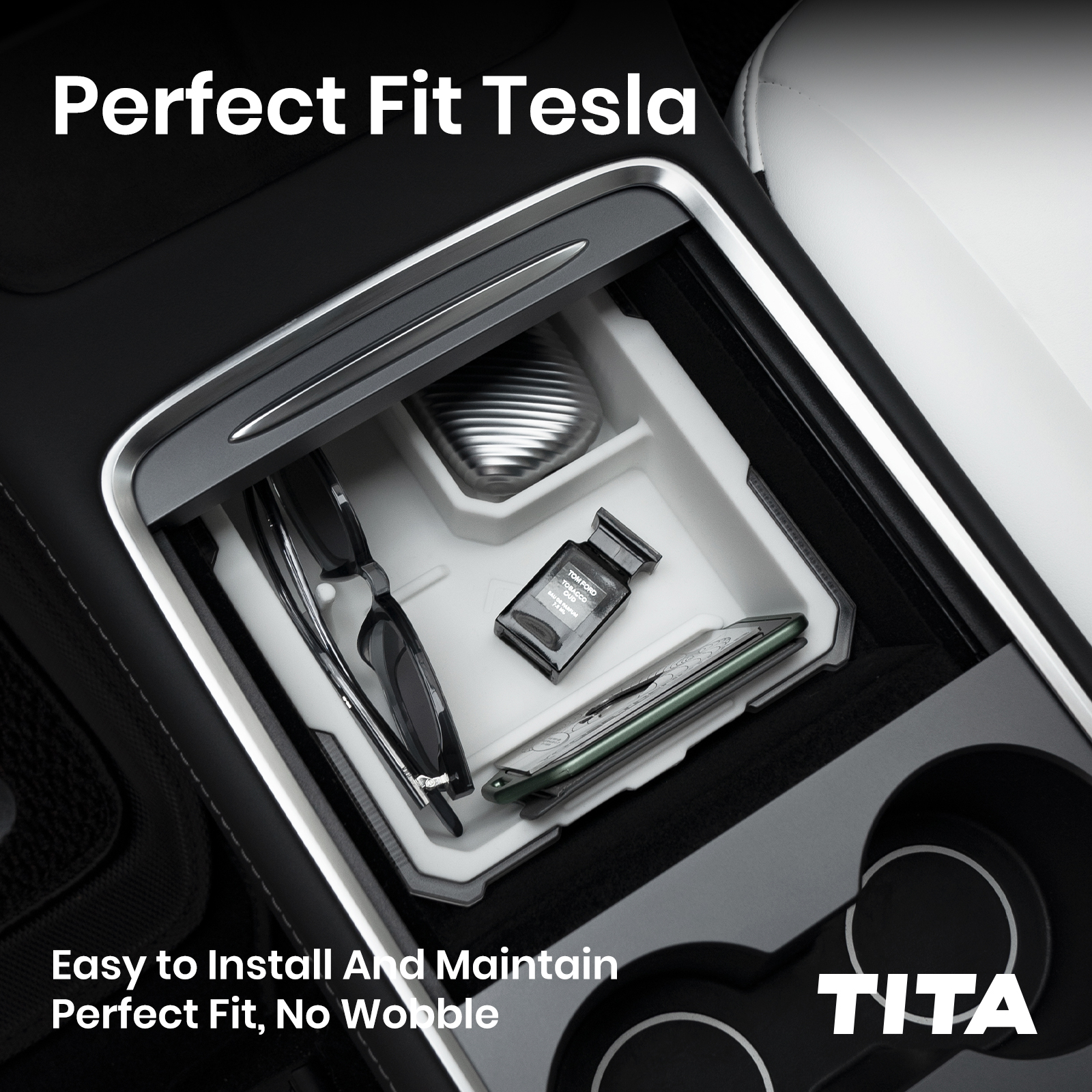 Center Console Organizer Tray Designed for Tesla Model 3 & Y (2021-2024), Two-Tier Removable Design, Easy to Install, Easy to Clean