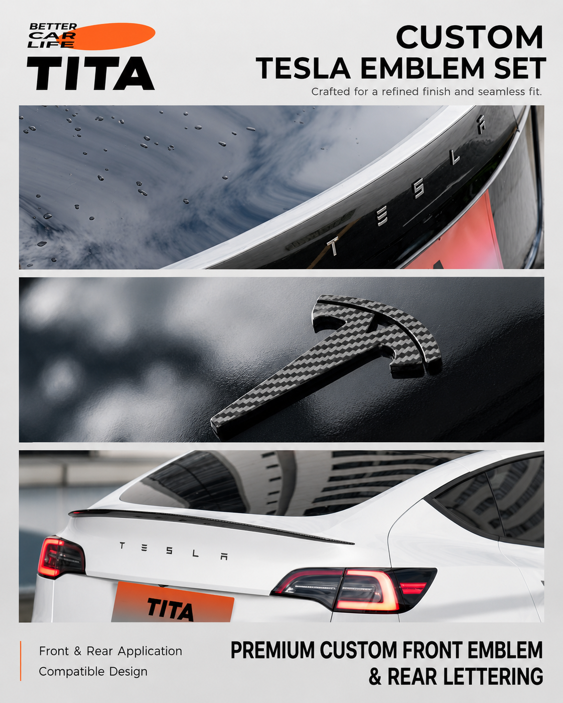 Carbon Fiber Tesla Logo Emblem Overlay Kit, Matte/Gloss/Glint Black OEM-Style Replacement, Scratch-Resistant Durable Material, Long-Lasting No-Deformation Design, No-Drill Easy Installation, No Damage to Original Car, Fit for Tesla Model 3/Y