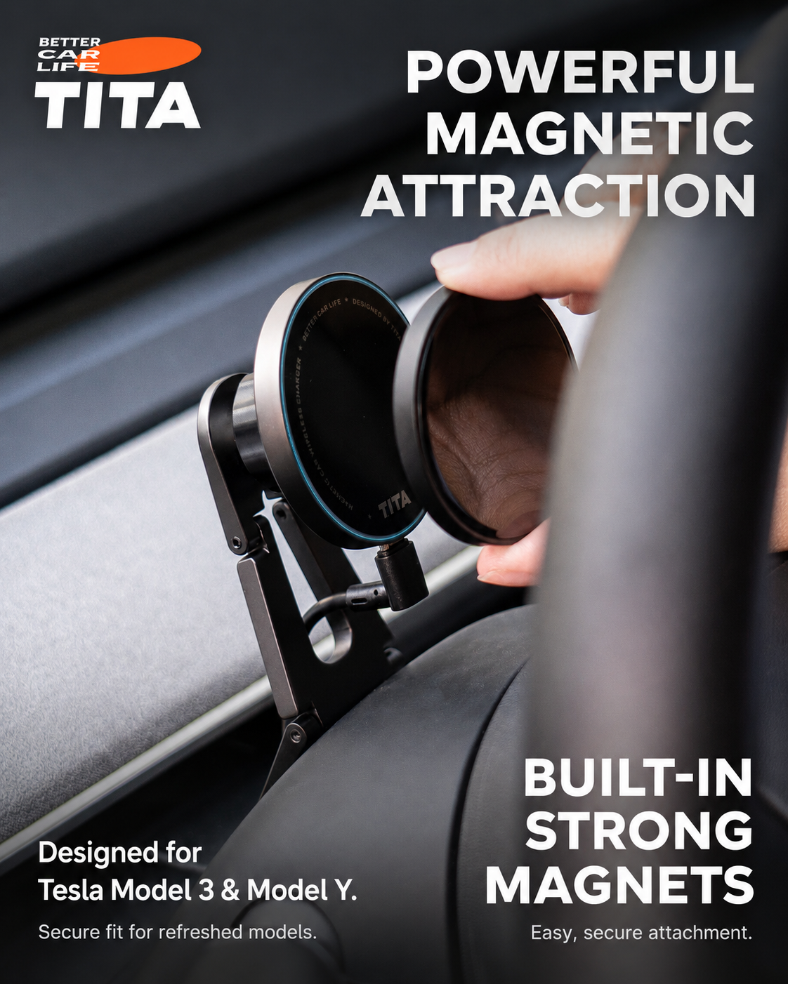 3-Axis Adjustable Tesla Magnetic Phone Mount Wireless Charger, Qi 15W Fast Charging Car Phone Holder with 12 N52 Neodymium Magnets, Full Aluminum Alloy Body, Acrylic Panel, Multi-Angle Steering Wheel Fit, 165cm USB-C Cable, No-Trace 3M Adhesive Mount, Aut