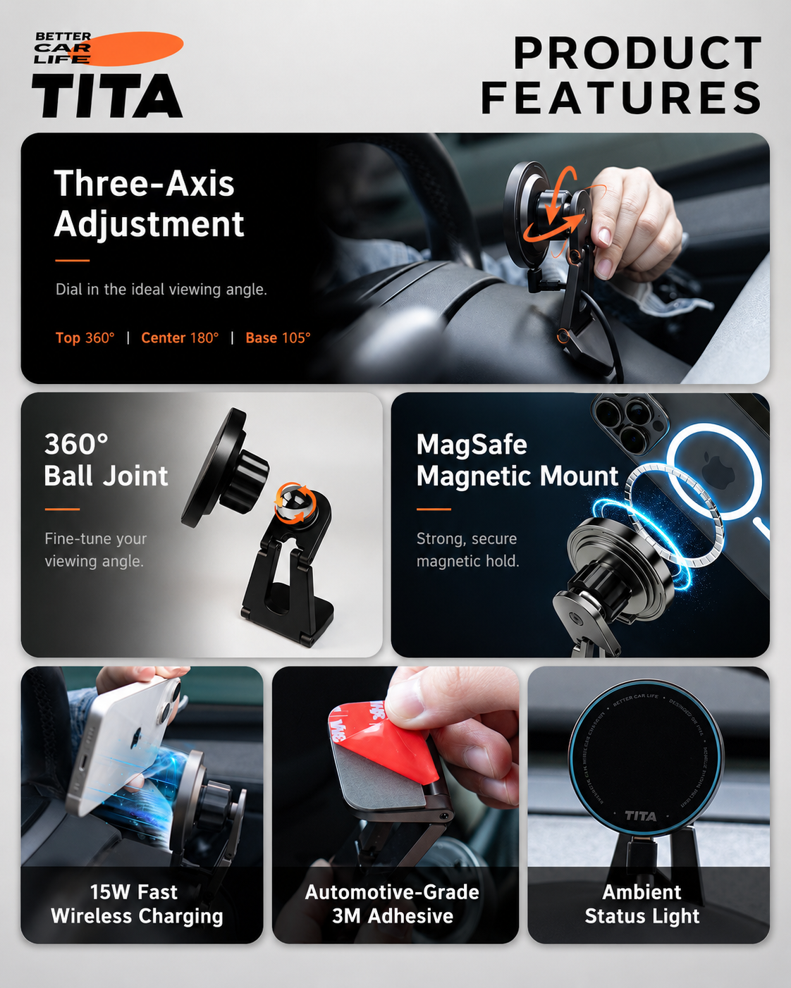 3-Axis Adjustable Tesla Magnetic Phone Mount Wireless Charger, Qi 15W Fast Charging Car Phone Holder with 12 N52 Neodymium Magnets, Full Aluminum Alloy Body, Acrylic Panel, Multi-Angle Steering Wheel Fit, 165cm USB-C Cable, No-Trace 3M Adhesive Mount, Aut