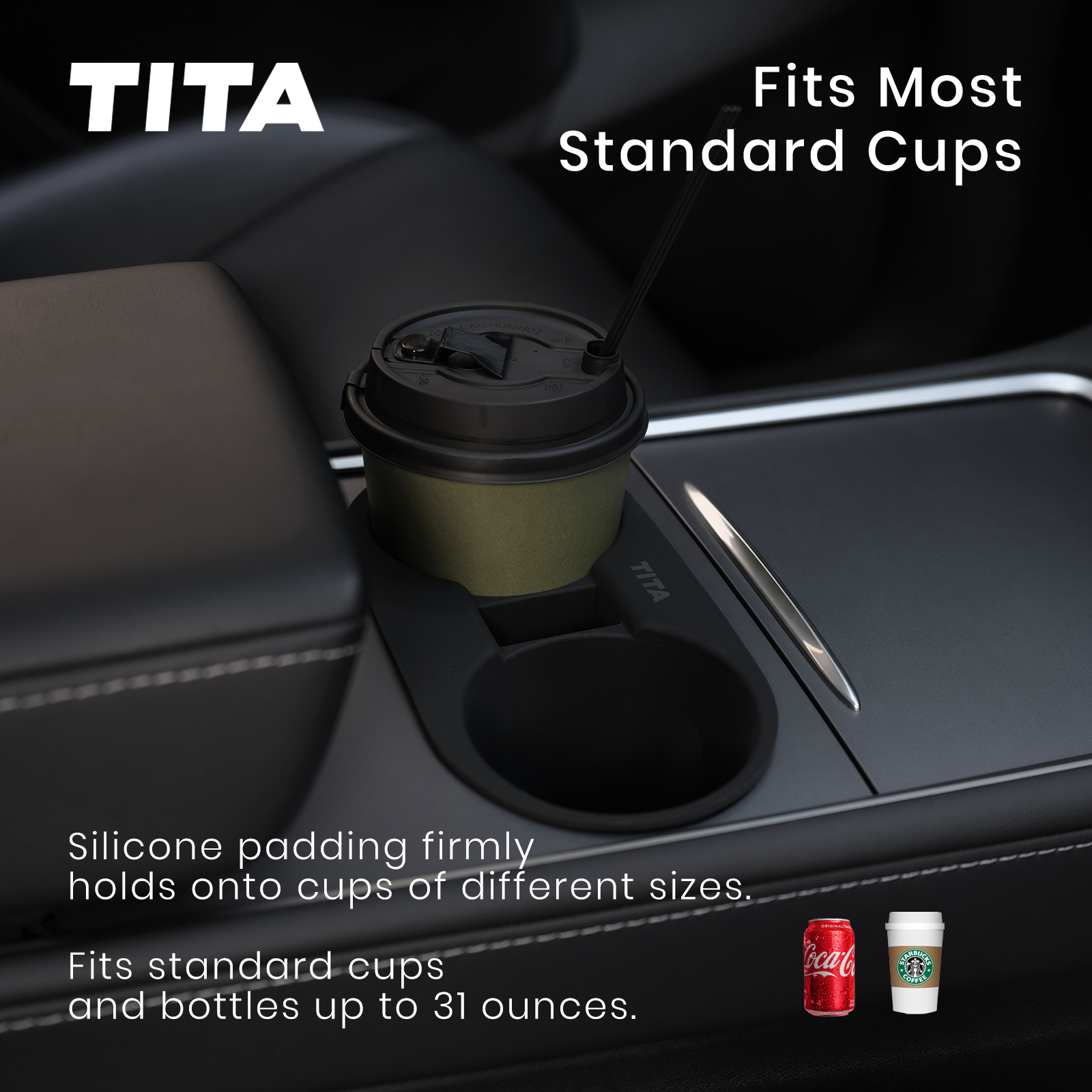 TITA Cup Holder Insert for Tesla Model 3 & Y (2021-2024) with Key Card Design, Easy to Install, Easy to Clean, Perfect Fit, Cup Securely Relies, Not Fit for 2024-2025 Model 3 Highland & 2025 New Model Y