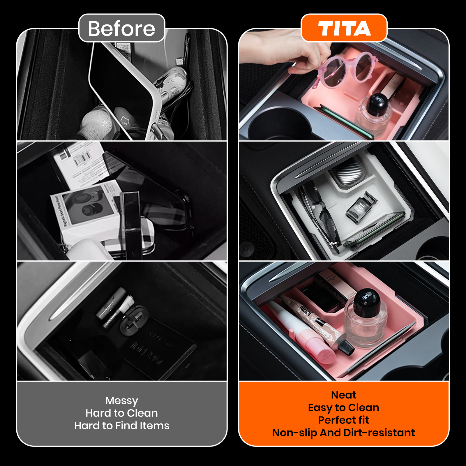 Center Console Organizer Tray Designed for Tesla Model 3 & Y (2021-2024), Two-Tier Removable Design, Easy to Install, Easy to Clean