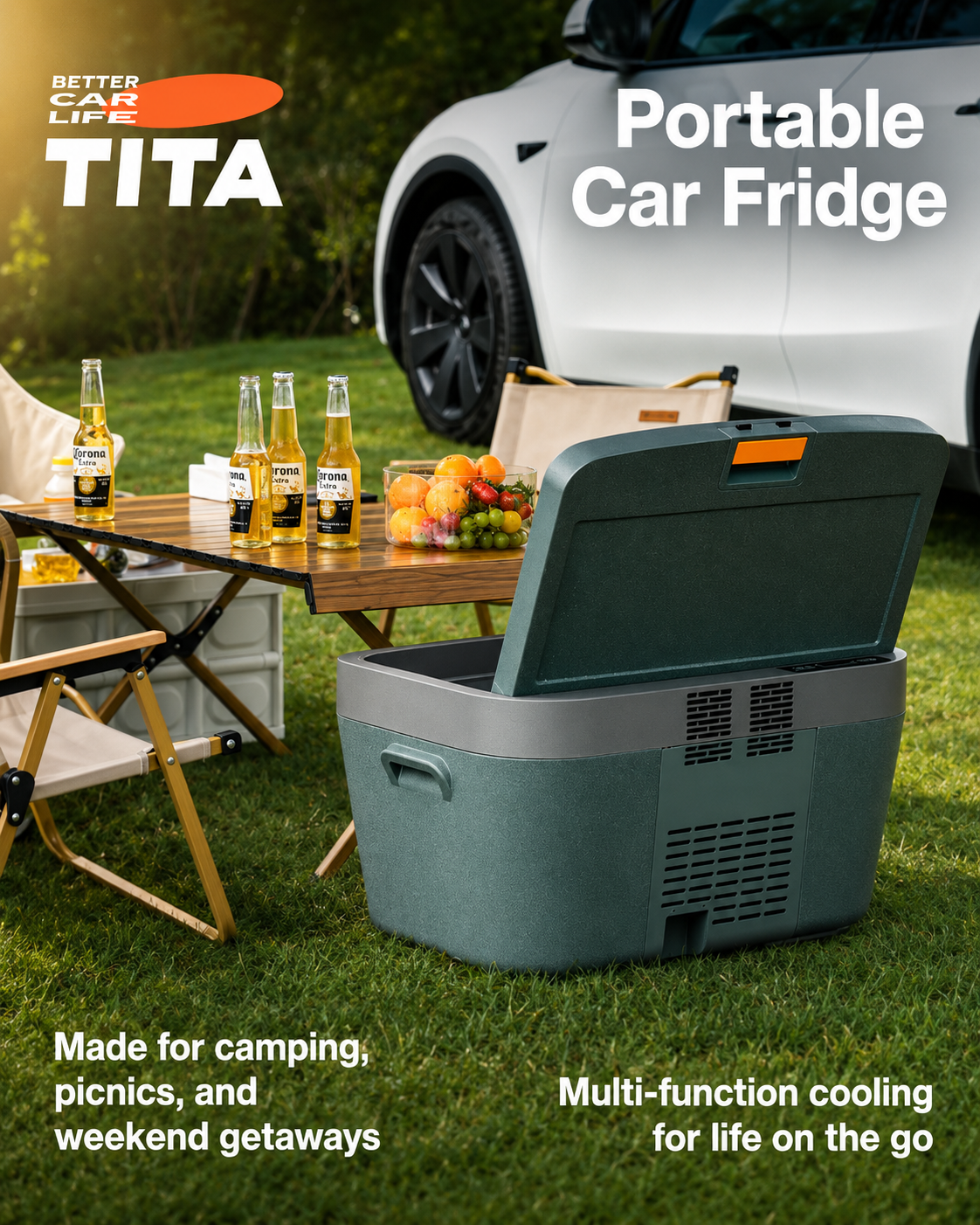 Tesla Model Y 40L Car Refrigerator, Custom-Fit Dual-Zone Portable Fridge Freezer with Powerful Cooling, 5-Level Battery Protection, Large Capacity Electric Cooler, Model Y Trunk Camping Travel Refrigerator