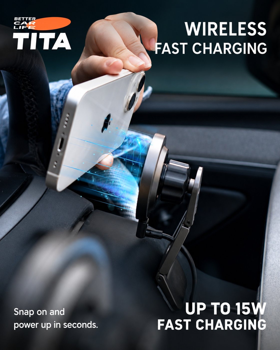 3-Axis Adjustable Tesla Magnetic Phone Mount Wireless Charger, Qi 15W Fast Charging Car Phone Holder with 12 N52 Neodymium Magnets, Full Aluminum Alloy Body, Acrylic Panel, Multi-Angle Steering Wheel Fit, 165cm USB-C Cable, No-Trace 3M Adhesive Mount, Aut