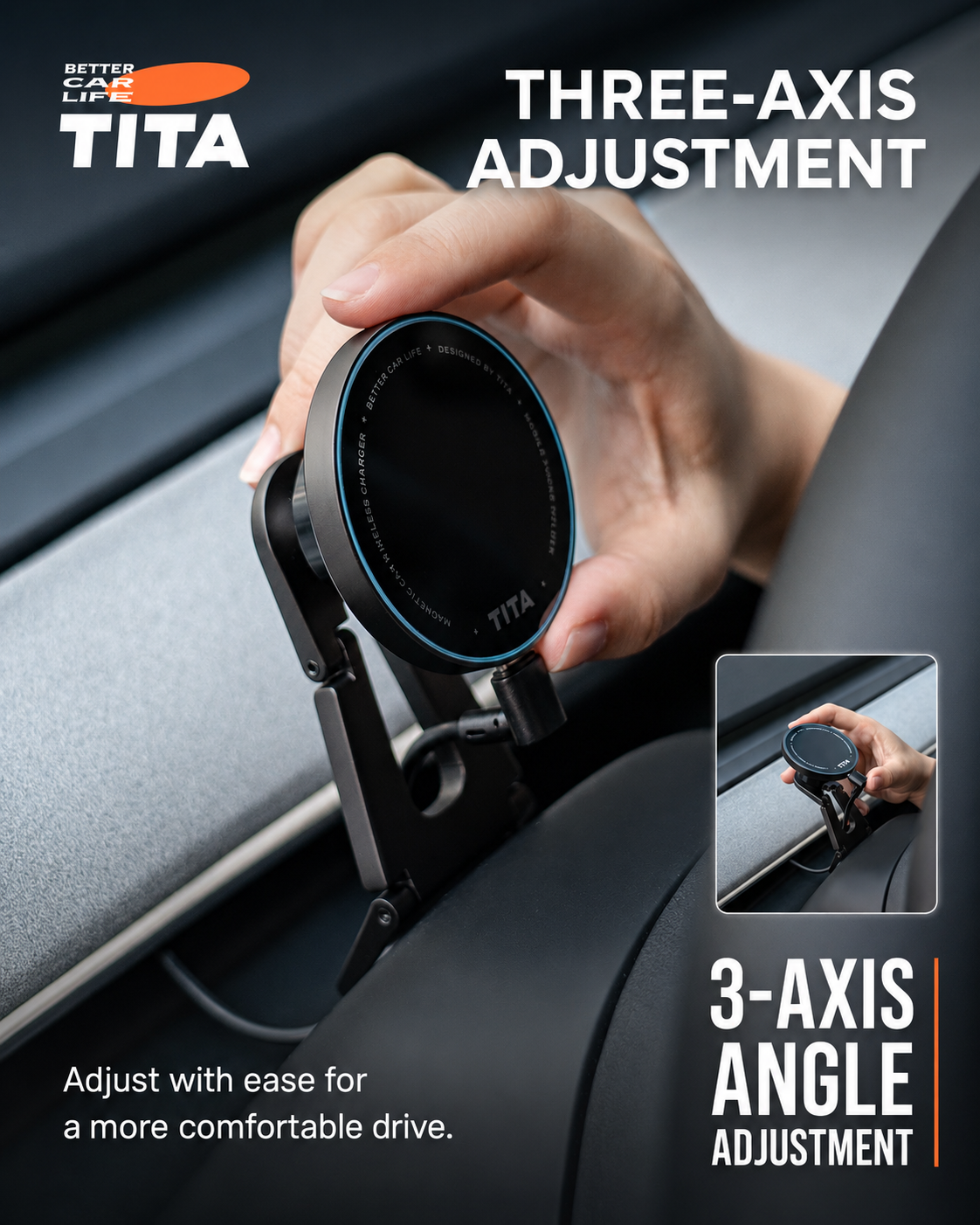 3-Axis Adjustable Tesla Magnetic Phone Mount Wireless Charger, Qi 15W Fast Charging Car Phone Holder with 12 N52 Neodymium Magnets, Full Aluminum Alloy Body, Acrylic Panel, Multi-Angle Steering Wheel Fit, 165cm USB-C Cable, No-Trace 3M Adhesive Mount, Aut
