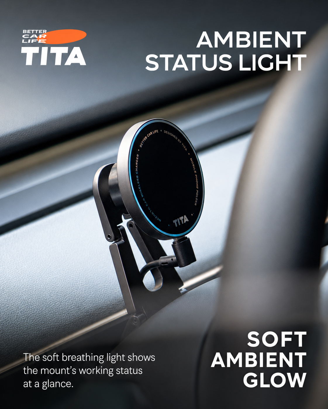 3-Axis Adjustable Tesla Magnetic Phone Mount Wireless Charger, Qi 15W Fast Charging Car Phone Holder with 12 N52 Neodymium Magnets, Full Aluminum Alloy Body, Acrylic Panel, Multi-Angle Steering Wheel Fit, 165cm USB-C Cable, No-Trace 3M Adhesive Mount, Aut