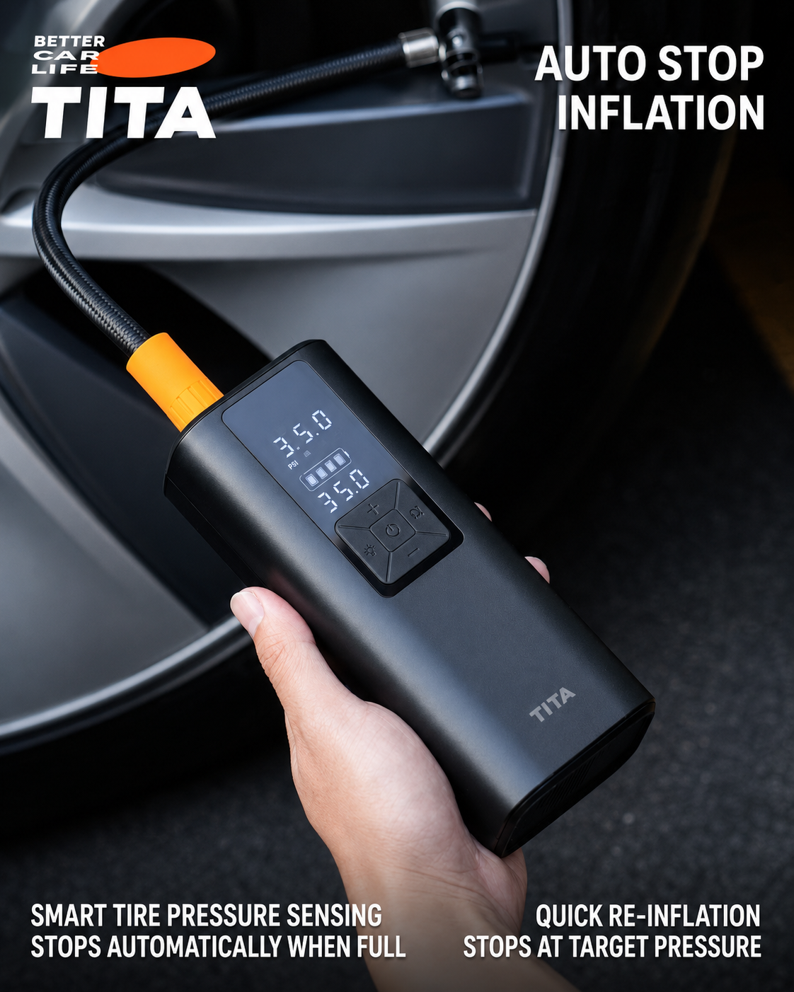 Portable Smart Car Tire Inflator with Power Bank & Emergency Light, Digital Air Compressor Pump with Preset Pressure Auto Shut-Off, Fast Inflation for Cars Bikes Balls, One-Touch Operation, Compact Design with Multi-Nozzle Accessories