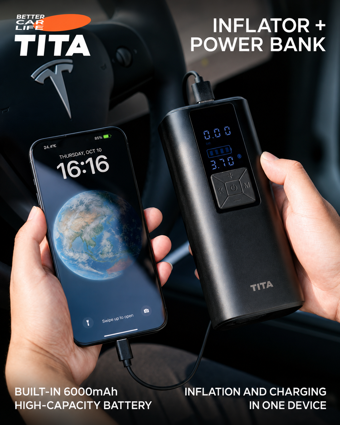 Portable Smart Car Tire Inflator with Power Bank & Emergency Light, Digital Air Compressor Pump with Preset Pressure Auto Shut-Off, Fast Inflation for Cars Bikes Balls, One-Touch Operation, Compact Design with Multi-Nozzle Accessories