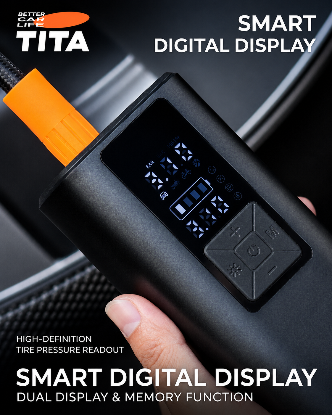 Portable Smart Car Tire Inflator with Power Bank & Emergency Light, Digital Air Compressor Pump with Preset Pressure Auto Shut-Off, Fast Inflation for Cars Bikes Balls, One-Touch Operation, Compact Design with Multi-Nozzle Accessories