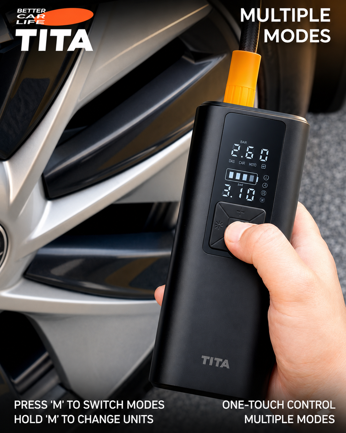 Portable Smart Car Tire Inflator with Power Bank & Emergency Light, Digital Air Compressor Pump with Preset Pressure Auto Shut-Off, Fast Inflation for Cars Bikes Balls, One-Touch Operation, Compact Design with Multi-Nozzle Accessories