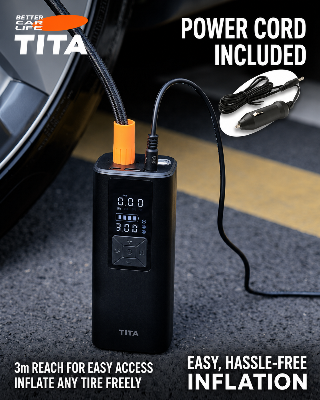 Portable Smart Car Tire Inflator with Power Bank & Emergency Light, Digital Air Compressor Pump with Preset Pressure Auto Shut-Off, Fast Inflation for Cars Bikes Balls, One-Touch Operation, Compact Design with Multi-Nozzle Accessories