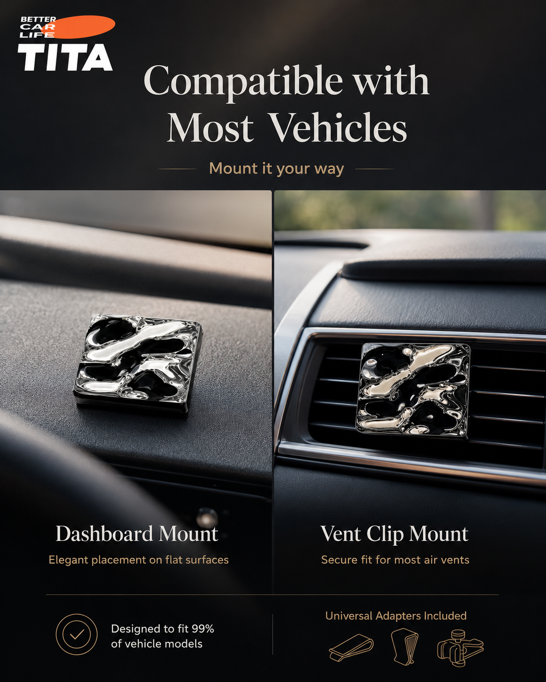 All-Metal Magnetic Car Air Freshener with Ripple Mirror Finish, Premium Electroplated Car Fragrance Diffuser, Replaceable Plant Extract Scent Balm, 90-Day Long-Lasting Aroma, Adjustable Fragrance Intensity, Universal Vent Fit with Adapter, Alcohol-Free Le