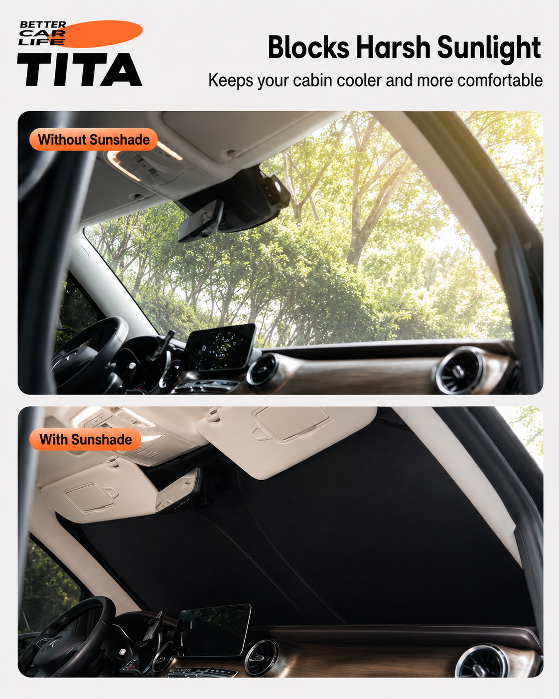 Double-Layer Blackout Car Windshield Sun Shade, Full-Spectrum UV & Heat Blocking Front Window Cover, No-Rib Interior-Safe Design, Custom Fit Foldable Sun Visor with Velcro Fixing, Eco-Friendly Odor-Free Material, Storage Bag Included
