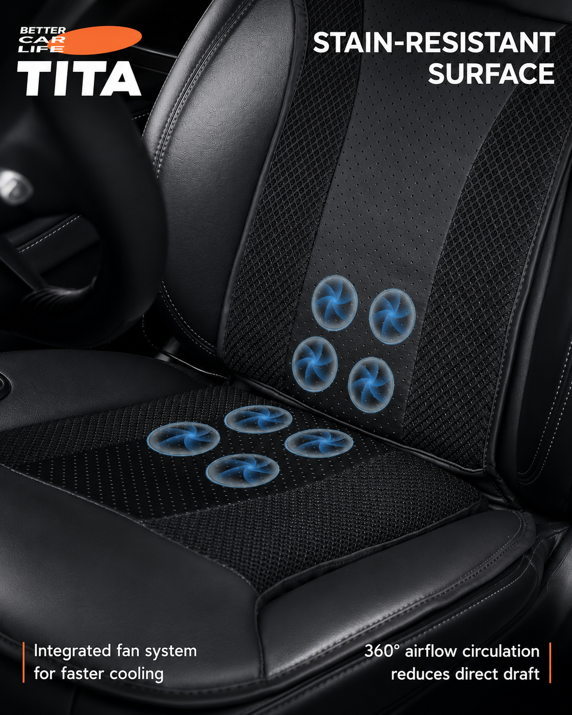 Car Seat Cooling Cushion with Built-in High-Speed Quiet Fans, Faux Leather & Perforated Leather Ventilated Seat Cover, Multi-Speed Airflow Adjustment, Perfect-Fit Breathable Cooling Seat Pad for Cars