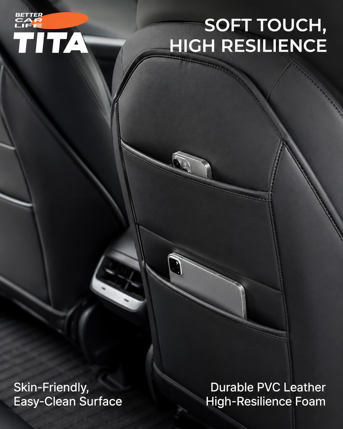 Car Seat Back Protector & Organizer Mat, Wear-Resistant Anti-Kick Leather Seat Cover, Waterproof & Stain-Resistant Faux Leather Backseat Storage Pad, Easy No-Damage Installation, OEM-Style Interior Color Match, Multi-Pocket Car Organizer