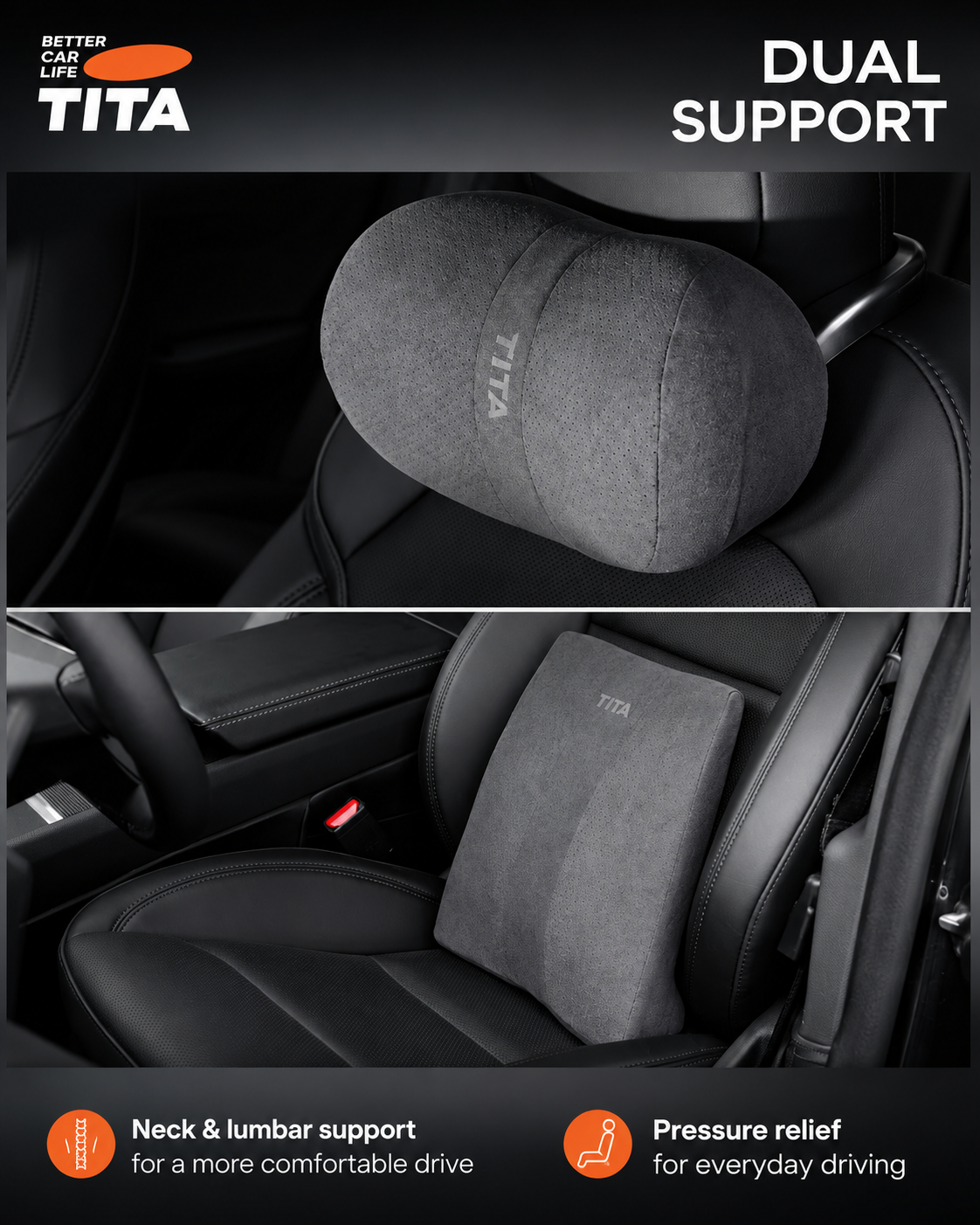 Adjustable Car Headrest & Lumbar Support Pillow Set, Bionic Neck Cushion with Up/Down & Forward/Backward Angle Adjustment, Skin-Friendly Suede Breathable Fabric, Waterproof Stain-Resistant Seat Support, Easy Buckle Installation