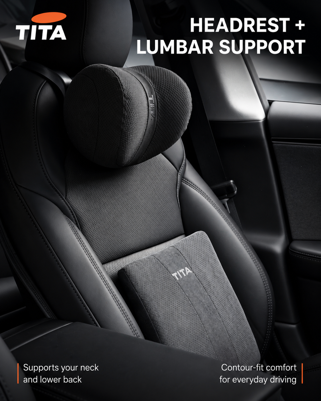 Adjustable Car Headrest & Lumbar Support Pillow Set, Bionic Neck Cushion with Up/Down & Forward/Backward Angle Adjustment, Skin-Friendly Suede Breathable Fabric, Waterproof Stain-Resistant Seat Support, Easy Buckle Installation