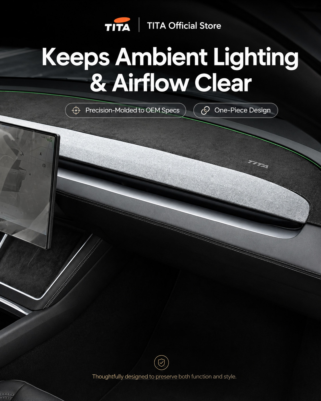 Custom-Fit Tesla Dashboard Sunshade Mat for Refreshed Model 3/Y/YL, Alcantara-Style Suede Anti-Glare Dash Cover, UV-Resistant Interior Protection Pad, Ambient Light Cutouts, Airbag-Safe Design, Non-Slip No-Adhesive Installation