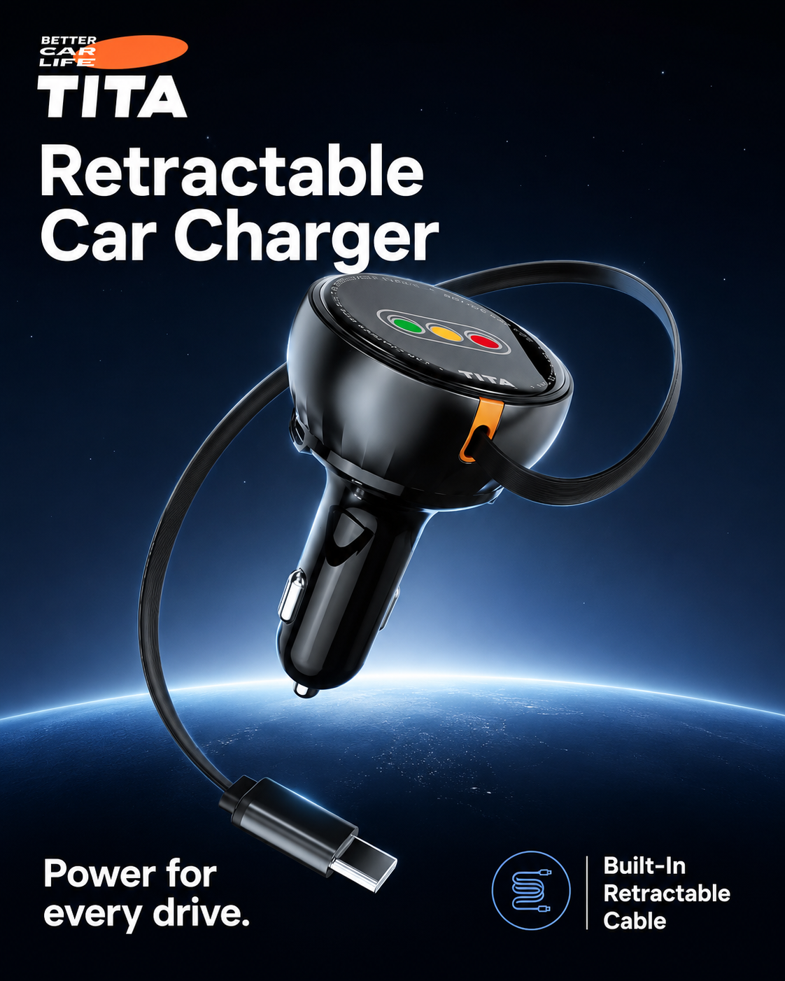 30W Retractable Car Charger with Built-in 80cm USB-C Cable, USB + USB-C Fast Charging Adapter, Auto-Retractable Cord, Multi-Protection Chip, Durable Anti-Pull Anti-Bend Cable, Ambient Charging Light, Cover-Friendly Design