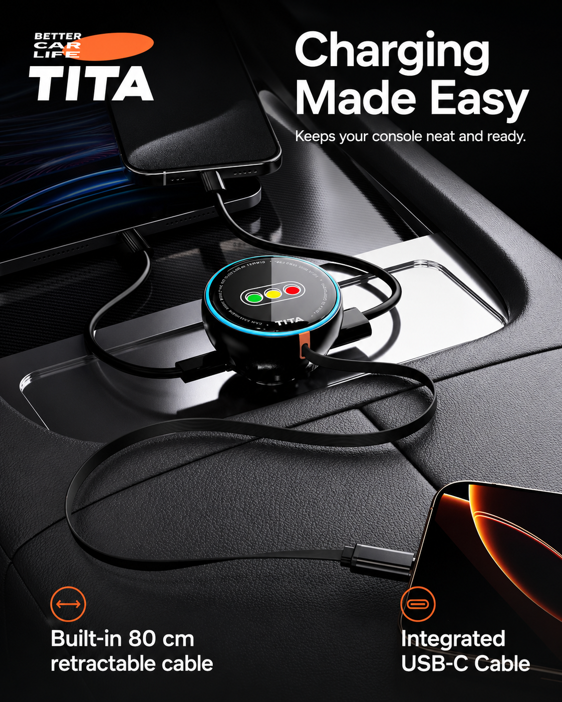 30W Retractable Car Charger with Built-in 80cm USB-C Cable, USB + USB-C Fast Charging Adapter, Auto-Retractable Cord, Multi-Protection Chip, Durable Anti-Pull Anti-Bend Cable, Ambient Charging Light, Cover-Friendly Design