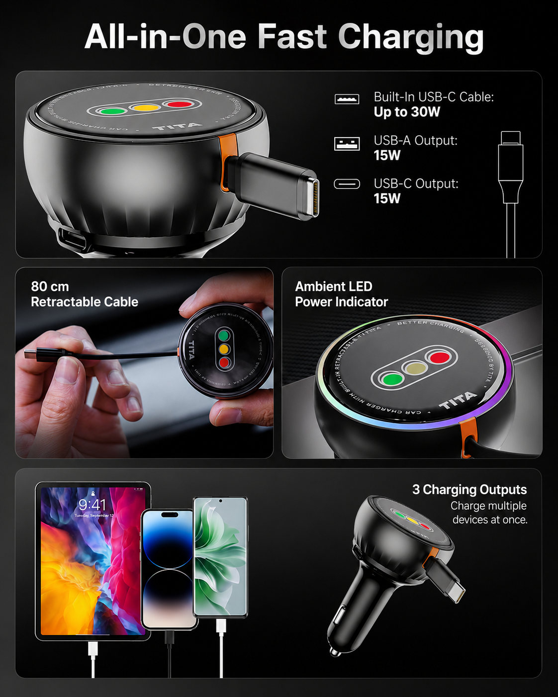 30W Retractable Car Charger with Built-in 80cm USB-C Cable, USB + USB-C Fast Charging Adapter, Auto-Retractable Cord, Multi-Protection Chip, Durable Anti-Pull Anti-Bend Cable, Ambient Charging Light, Cover-Friendly Design