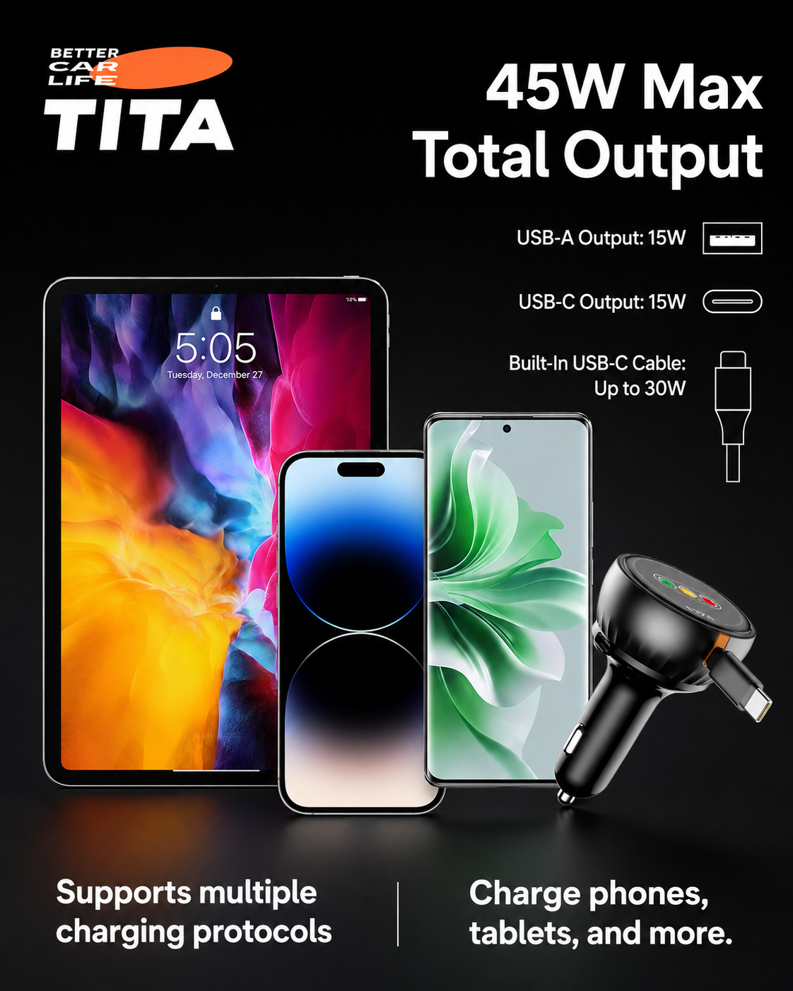 30W Retractable Car Charger with Built-in 80cm USB-C Cable, USB + USB-C Fast Charging Adapter, Auto-Retractable Cord, Multi-Protection Chip, Durable Anti-Pull Anti-Bend Cable, Ambient Charging Light, Cover-Friendly Design