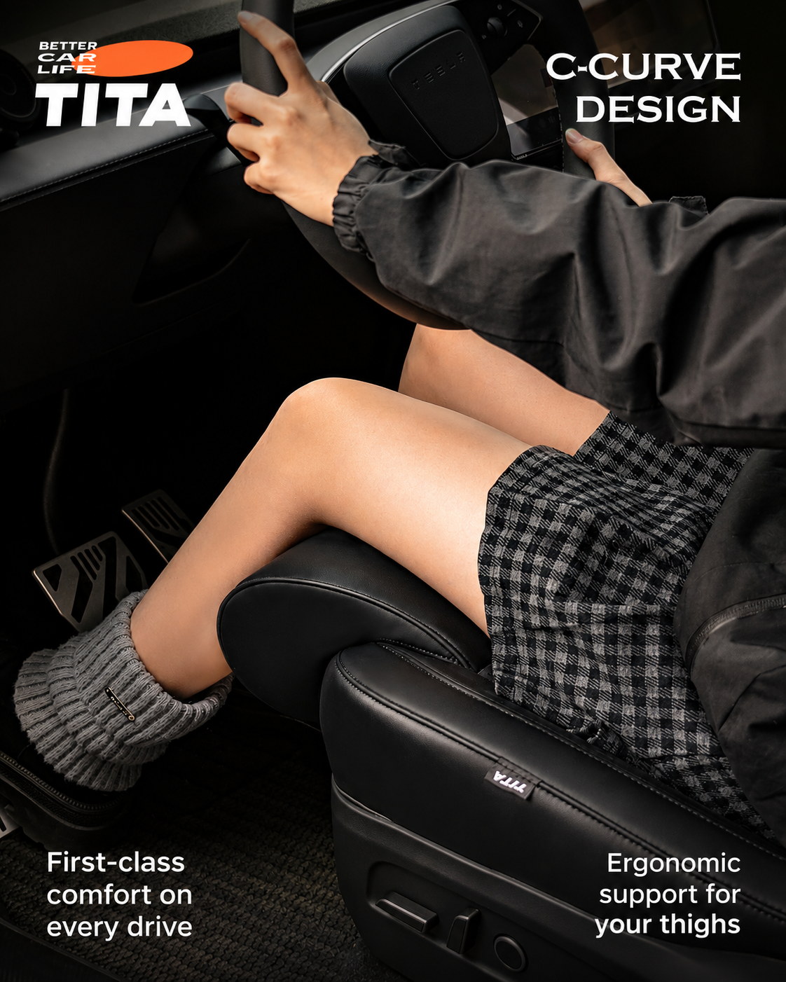 Tesla Model 3/Y Leg Support Seat Cushion, Bionic Curve Thigh Support Pad, Custom-Fit Seat Extension Cushion with Breathable Skin-Friendly Fabric, Waterproof & Stain-Resistant Easy-Clean Cover, Comfortable Driving Seat Upgrade