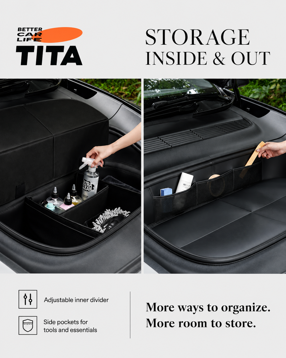 Tesla Juniper Model Y Frunk Organizer Box & Rear Trunk Door Storage Mat Set, Perfect-Fit Food-Grade Eco-Friendly TPE Storage Accessories, Drop-In No-Drill No-Adhesive Installation, Multi-Compartment Trunk Organizer