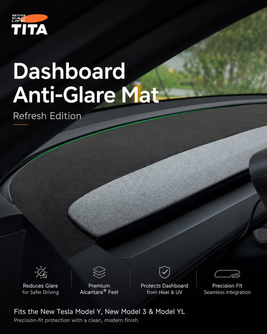Custom-Fit Tesla Dashboard Sunshade Mat for Refreshed Model 3/Y/YL, Alcantara-Style Suede Anti-Glare Dash Cover, UV-Resistant Interior Protection Pad, Ambient Light Cutouts, Airbag-Safe Design, Non-Slip No-Adhesive Installation