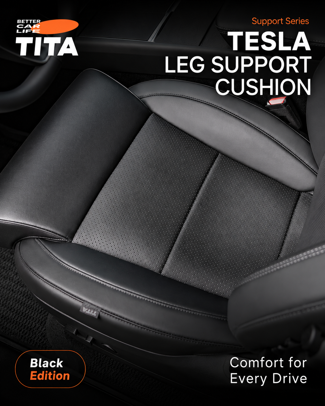 Tesla Model 3/Y Leg Support Seat Cushion, Bionic Curve Thigh Support Pad, Custom-Fit Seat Extension Cushion with Breathable Skin-Friendly Fabric, Waterproof & Stain-Resistant Easy-Clean Cover, Comfortable Driving Seat Upgrade