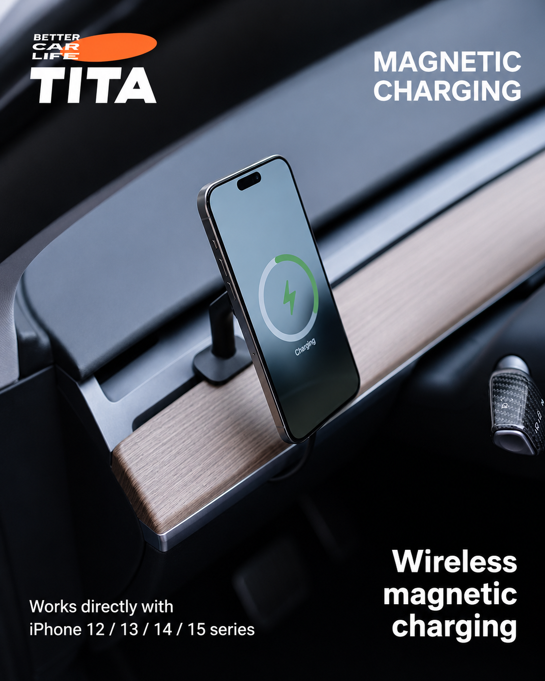 Tesla Air Vent Magnetic Phone Mount Wireless Charger, Qi 15W Fast Charging Car Phone Holder with 12 N52 Magnets, Full Aluminum Alloy Body, Acrylic Panel, 360° Rotation, 165cm USB-C Cable, No-Block Airflow Design, Breathing Ambient Light & OBD Cable Includ