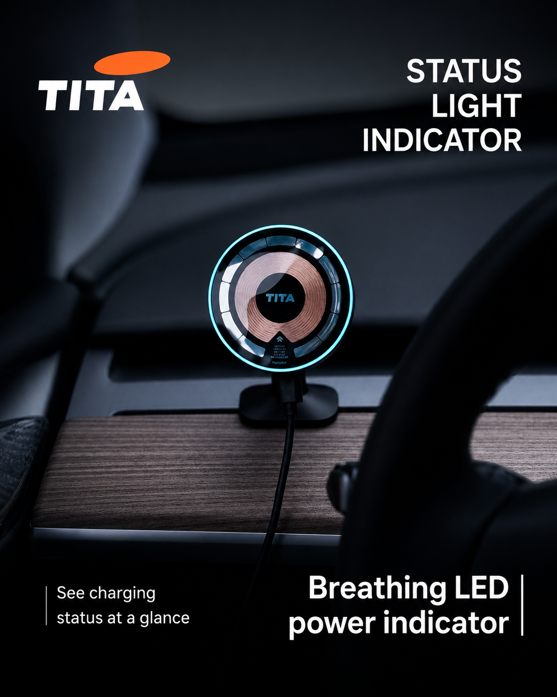 Tesla Air Vent Magnetic Phone Mount Wireless Charger, Qi 15W Fast Charging Car Phone Holder with 12 N52 Magnets, Full Aluminum Alloy Body, Acrylic Panel, 360° Rotation, 165cm USB-C Cable, No-Block Airflow Design, Breathing Ambient Light & OBD Cable Includ