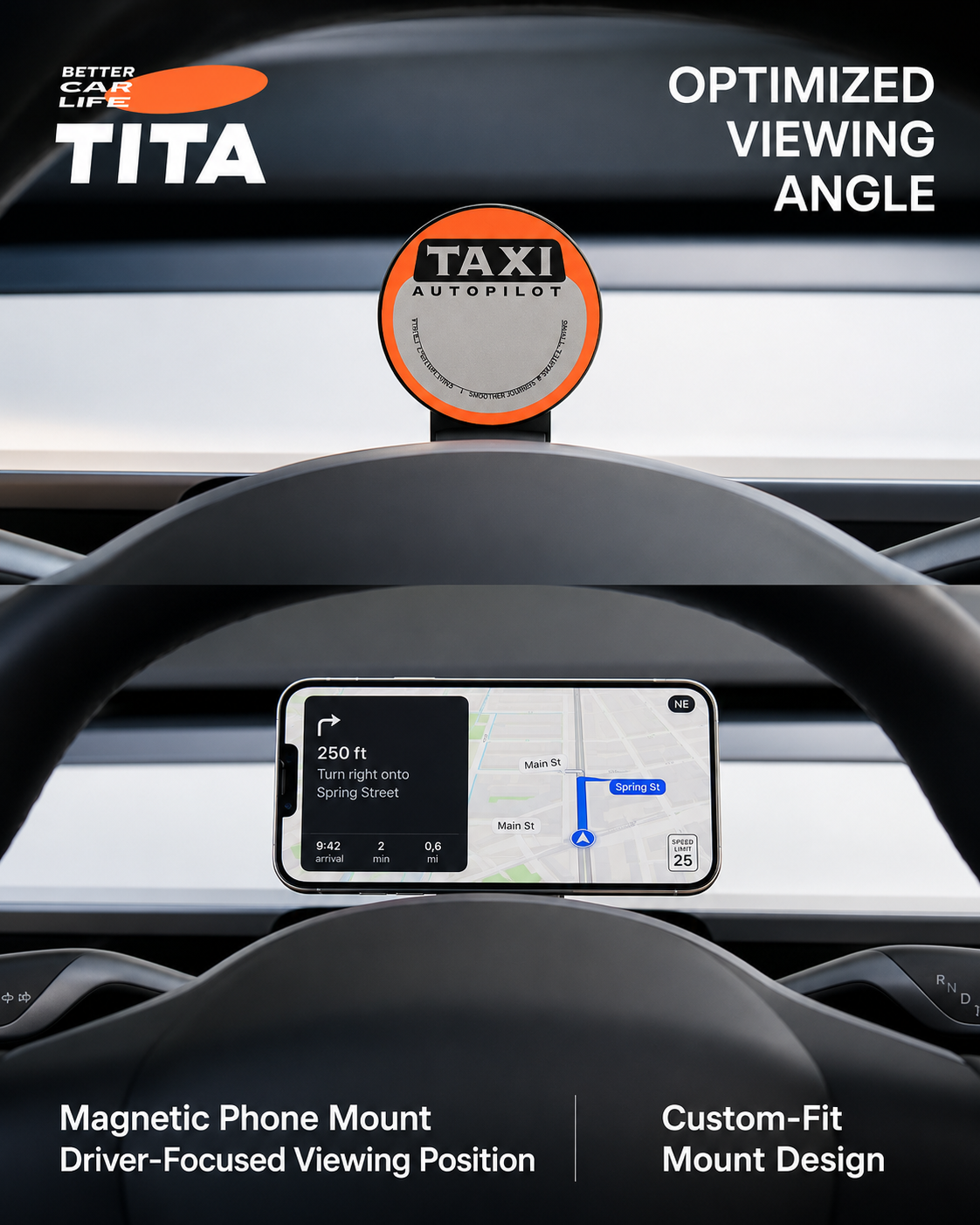 Tesla Steering Wheel Magnetic Phone Mount Wireless Charger, Qi 15W Fast Charging Car Phone Holder with 12 N52 Neodymium Magnets, Full Aluminum Alloy Body, Acrylic Panel, 165cm USB-C Cable, No-Trace 3M Adhesive Mount, Stickers Included