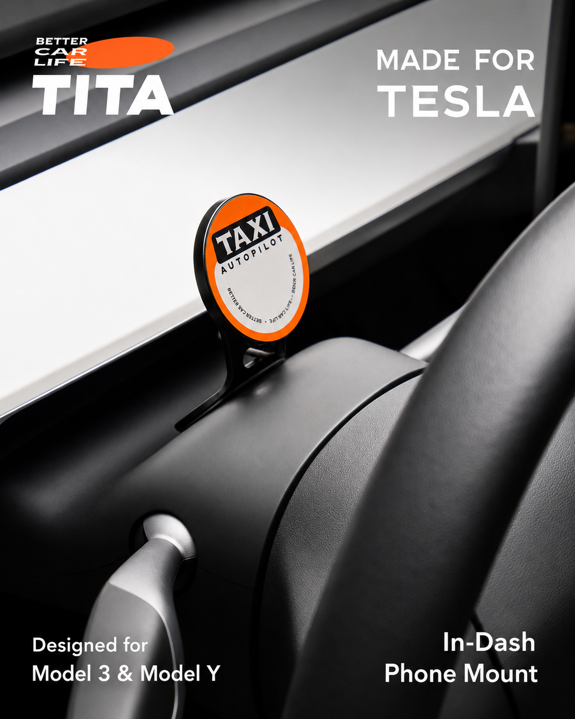 Tesla Steering Wheel Magnetic Phone Mount Wireless Charger, Qi 15W Fast Charging Car Phone Holder with 12 N52 Neodymium Magnets, Full Aluminum Alloy Body, Acrylic Panel, 165cm USB-C Cable, No-Trace 3M Adhesive Mount, Stickers Included