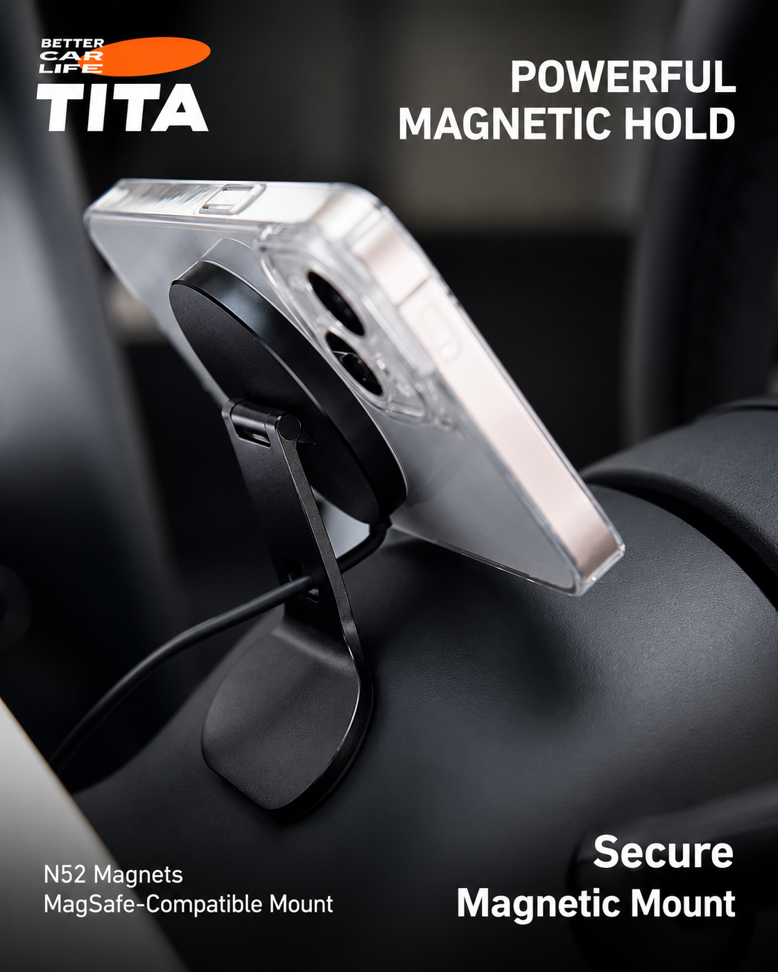 Tesla Steering Wheel Magnetic Phone Mount Wireless Charger, Qi 15W Fast Charging Car Phone Holder with 12 N52 Neodymium Magnets, Full Aluminum Alloy Body, Acrylic Panel, 165cm USB-C Cable, No-Trace 3M Adhesive Mount, Stickers Included