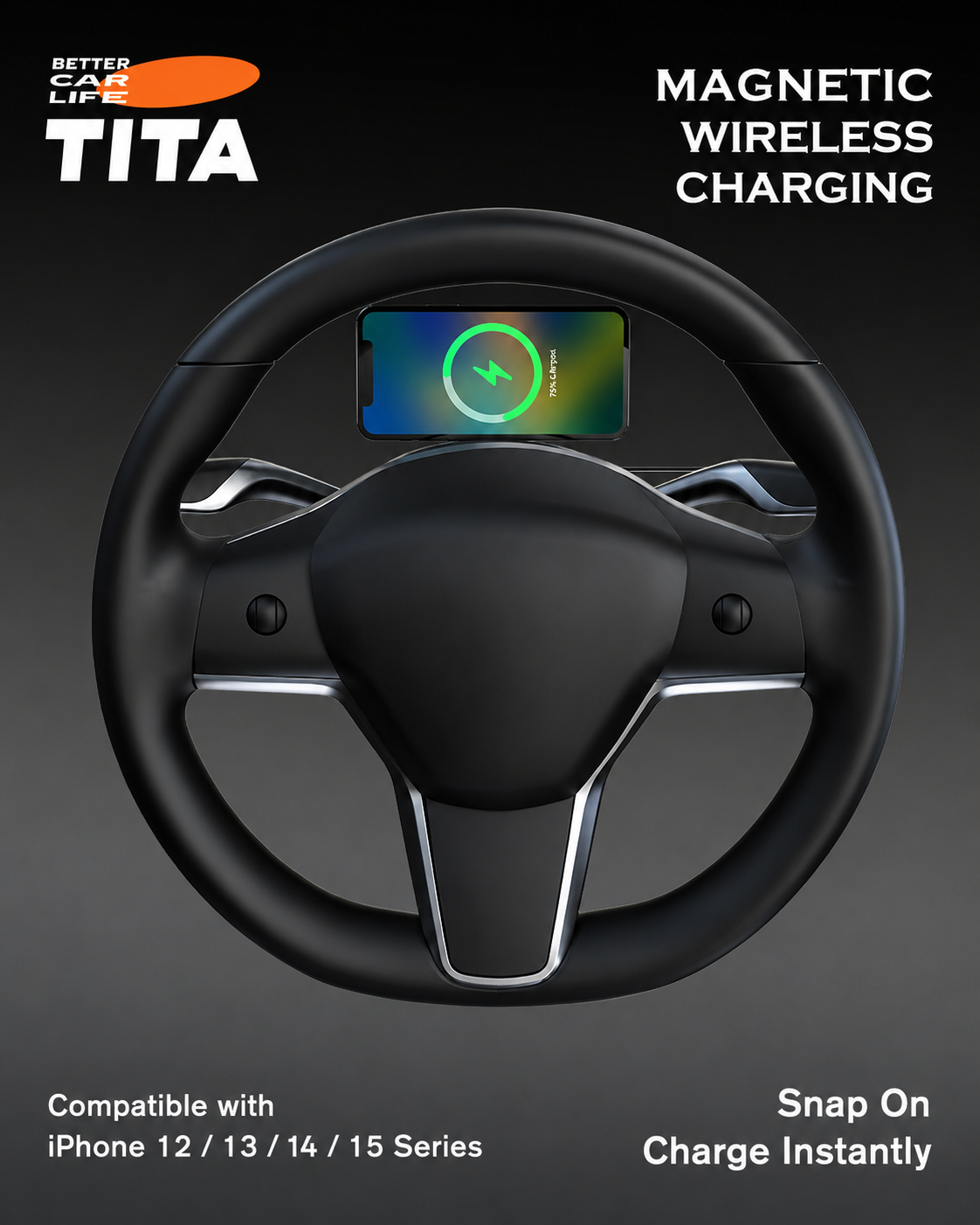 Tesla Steering Wheel Magnetic Phone Mount Wireless Charger, Qi 15W Fast Charging Car Phone Holder with 12 N52 Neodymium Magnets, Full Aluminum Alloy Body, Acrylic Panel, 165cm USB-C Cable, No-Trace 3M Adhesive Mount, Stickers Included