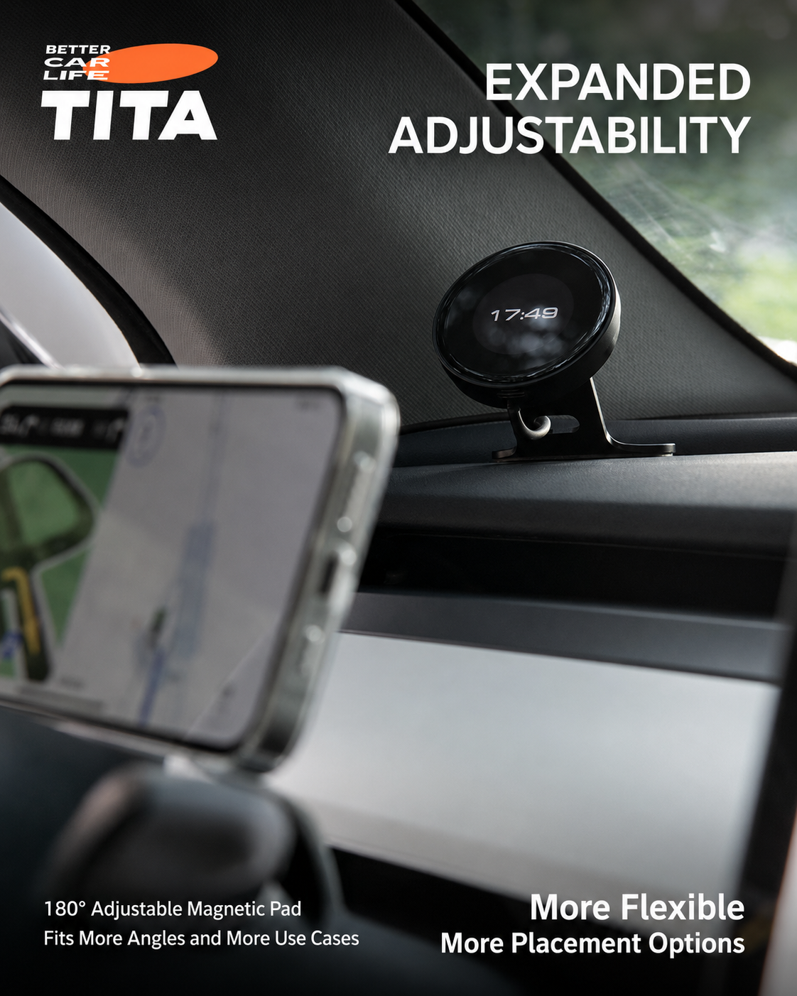 Tesla Steering Wheel Magnetic Phone Mount Wireless Charger, Qi 15W Fast Charging Car Phone Holder with 12 N52 Neodymium Magnets, Full Aluminum Alloy Body, Acrylic Panel, 165cm USB-C Cable, No-Trace 3M Adhesive Mount, Stickers Included
